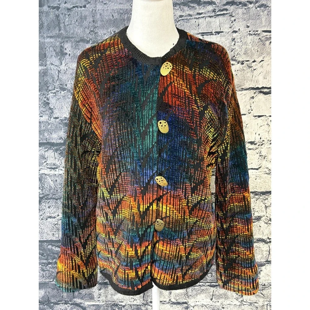 Vintage McG Designs Cardigan Sweater Womens M Multicolor Geometric Button Knit